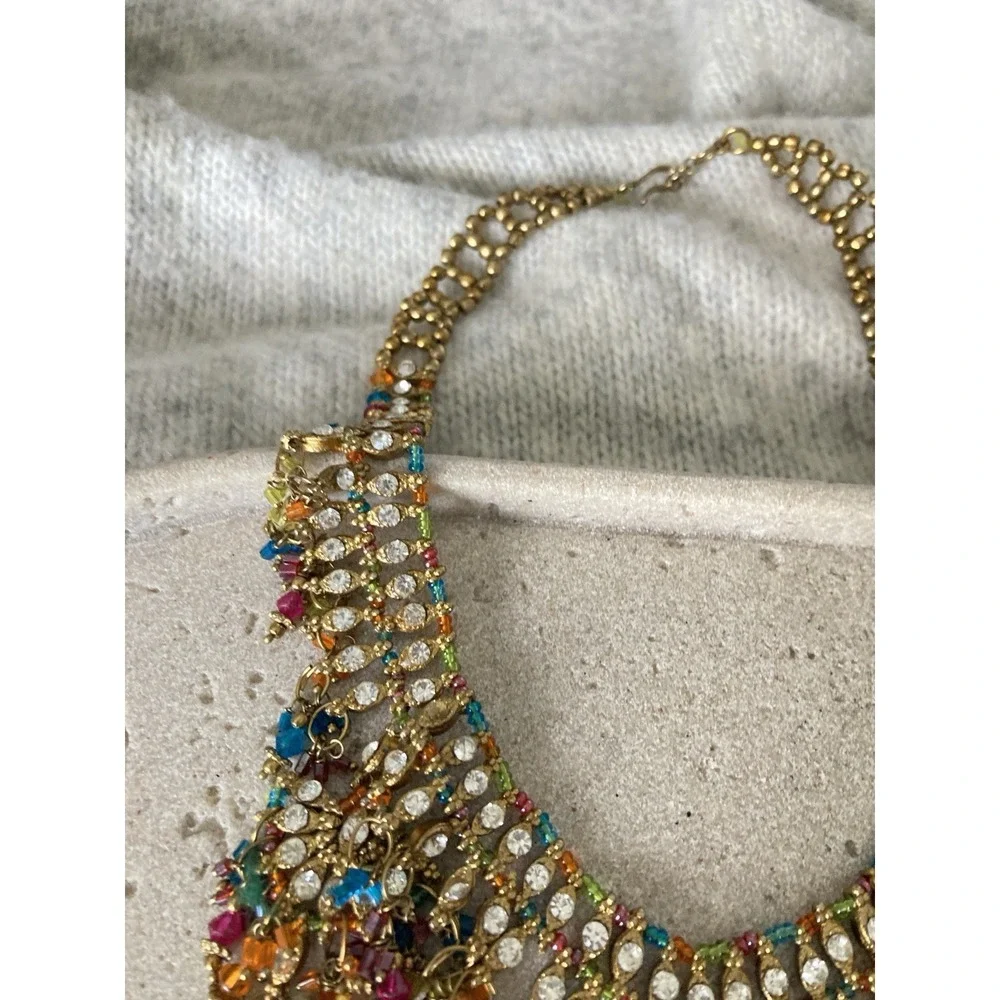 Gold Tone Rhinestone Bib Necklace‎ Multicolor Beaded Dangle Bollywood Bling